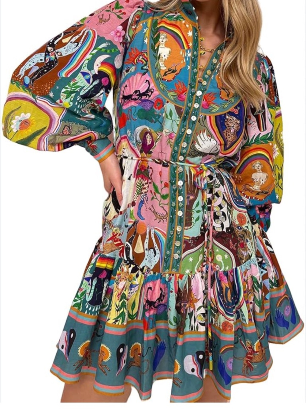 Boho Patchwork Floral Tie-Waist Mini Dress in Multicolor